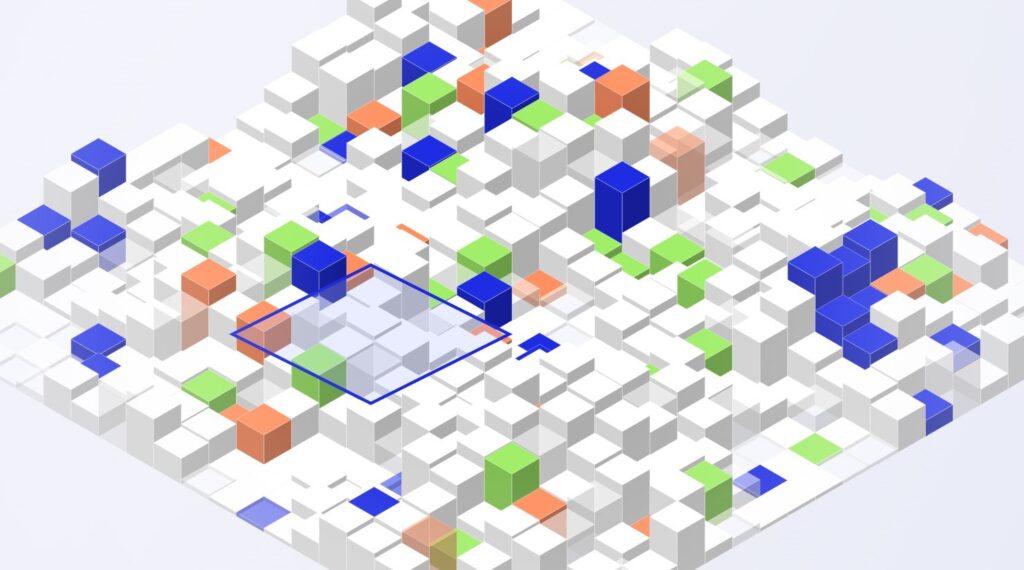 Abstract isometric render representing legacy systems connected to new AI services